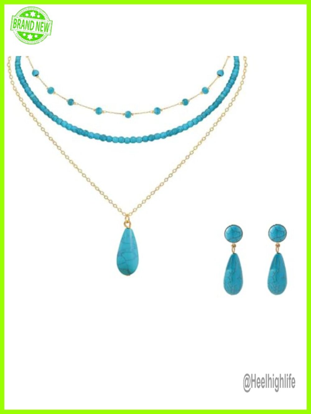 14K Gold Plated Turquoise Beaded Choker Necklace Earring Set Boho Jewelry